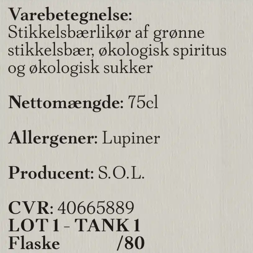 S.O.L. Stikkelsbær likør S.O.L. Stikkelsbær likør